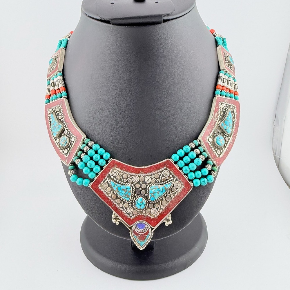 Handcrafted Tibetan Bib Necklace Turquoise Red Coral Lapis Tribal Ethnic Boho